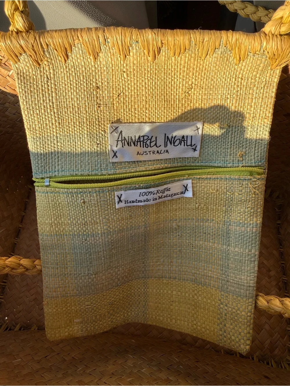 Annabel Ingall Butter Yellow Blue Raffia Tote Bag Handmade Madagascar Coastal